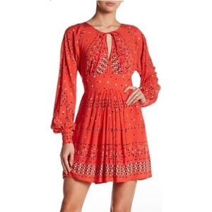 Free People Red Long Sleeve Open Back Mini Dress Size 0 Geometric Print Boho